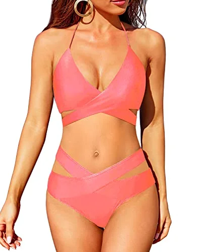 Flattering Two Piece Bikini Sets With Wrap Bandage Top-Coral Pink