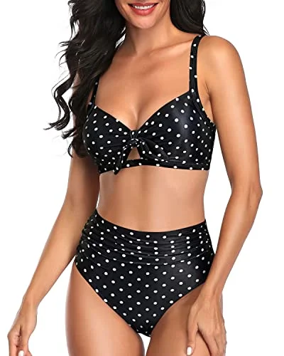 Adjustable Spaghetti Straps Women High Waisted Bikini Set-Black Dot