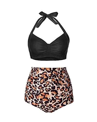 Push Up Halter Women's Tummy Control Vintage High Waisted Bikini Set-Black And Leopard