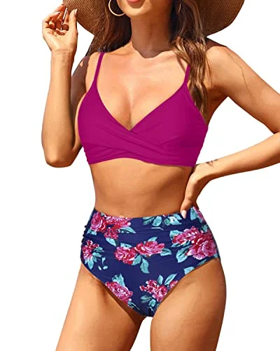 Flattering Twist Swim Top With High Waisted Bottoms Bikini Set-Pink Floral