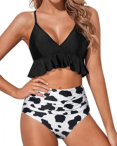 Adorable Curves Accentuating Bikini Set Deep V Neckline-Black And White Cow Pattern