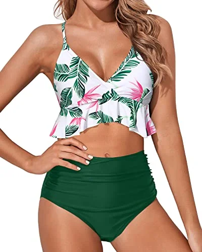 Adjustable Criss Cross Tummy Control Bikini Set-Green Tropical Floral