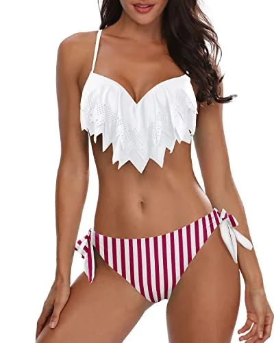 Pretty 2 Piece Ruffle Bikini Sets Push Up Underwire Swimsuits For Women-White Stripe