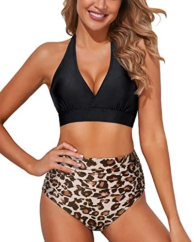 High Cut Bikini Set Tummy Control Bottoms 2 Piece Bikini Bathing Suits-Black And Leopard