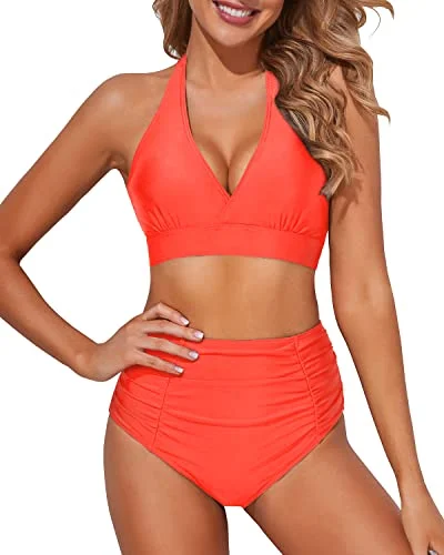 High Waisted Bikini Set Self-Tie Halter 2 Piece Bikini Bathing Suits-Neon Orange