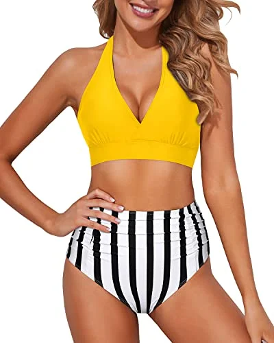 Adjustable Halter Top Bikini Set Women's Bikini Swimsuits-Yellow And Stripe