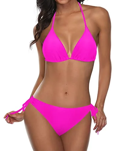 Adjustable Neck And Back Ties Halter Padded Top 2 Piece Bikini Sets-Neon Pink