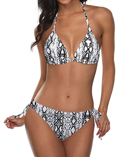 Adjustable Neck And Back Ties Triangle Bikini Push Up Padding 2 Piece Bikini Sets-Snake Skin