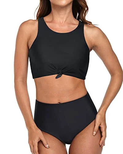 2 Piece Sporty High Neck Tie Knot Bikini Set Bottom-Black