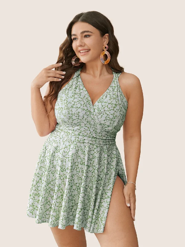 Ditsy Floral Halter Neck Split Hem Swim Dress