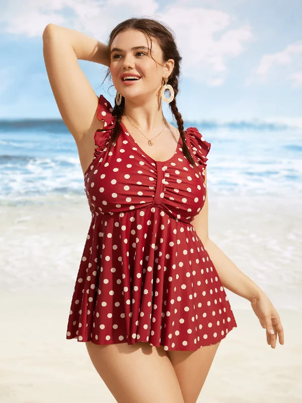 Polka Dot Ruched Ruffle Trim Swim Top