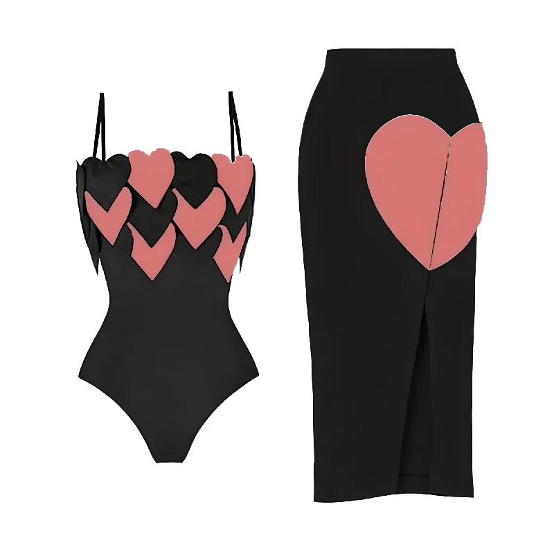 The Katarina Heart One-Piece Swimsuit Sarong Set