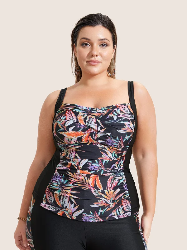 Tropical Print Patchwork Crossover Gathered Swim Top