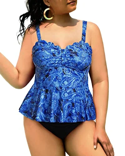Affordable - priced  2 Piece Ruffle Hem Plus Size Tankini Swimsuits Tummy Control Bathing Suits-Blue Tribal