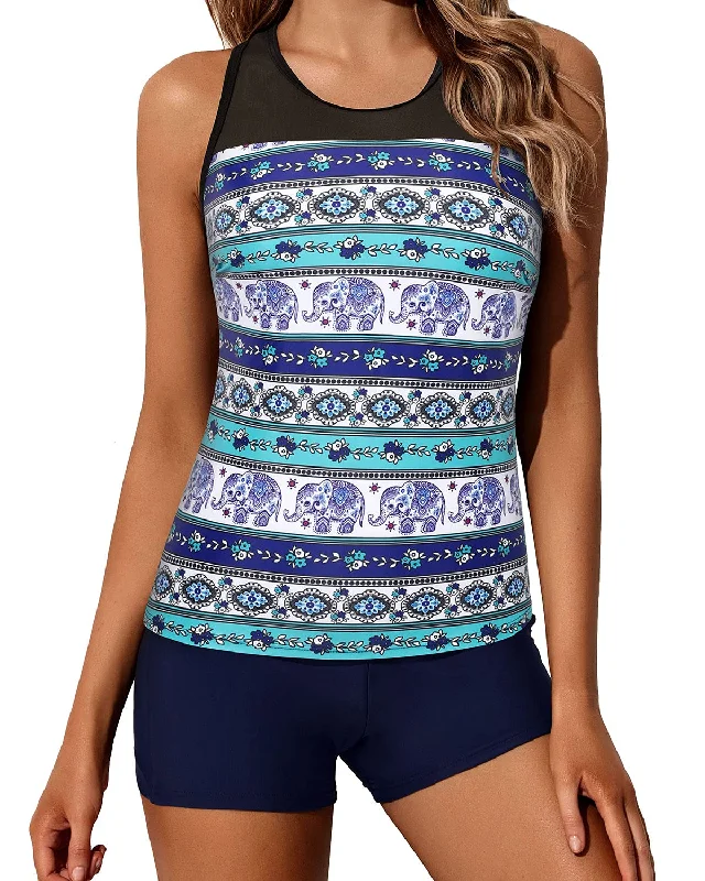 Blue Mandala Print Tankini with Shorts