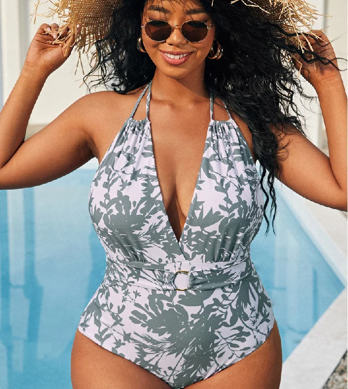 Upopby Leaf Printed Halter Backless One-piece Swimsuit Plus Size