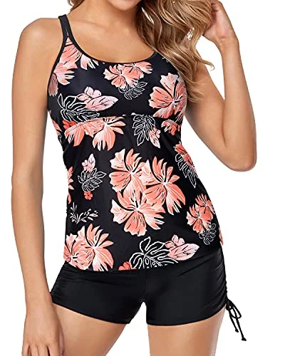 Athletic Women's Tankini Swimsuits High Waisted Boy Shorts-Black Orange Floral