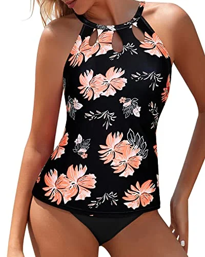 Two Piece High Neck Tankini Swimsuits For Women-Black Orange Floral