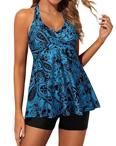 Twist Front Tankini Swimsuits For Women Boy Shorts Two Piece Swimwear-Black And Tribal Blue