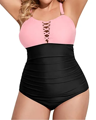 Body - enhancing  Women's Plus Size One Piece Swimsuit Deep V Neck Tummy Control Bathing Suit-Pink And Black