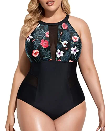 Glamour - infused  Tummy Control Monokini Bathing Suits For Plus Size Women-Black Floral