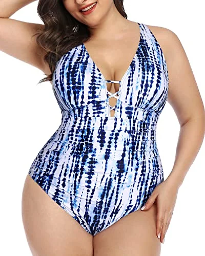 Push Up Padded Bra Plus Size One Piece Swimsuit For Women-Blue Tie Dye