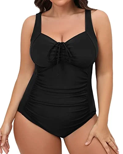 Comfort - driven  Flattering Vintage Ruched One Piece Swimsuit For Plus Size Women-Black