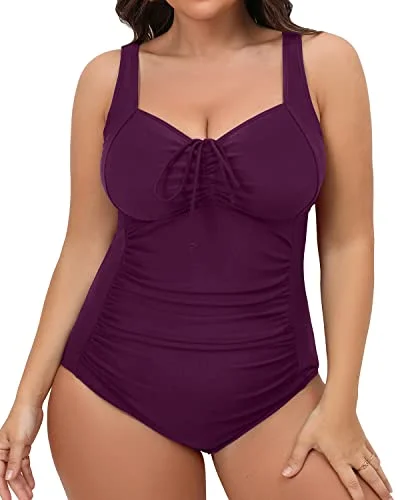 Pool - appropriate  Women Retro Ruched Plus Size One Piece Swimsuit-Maroon