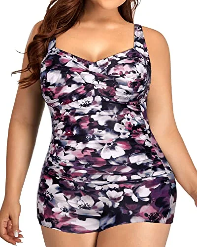Light - weight  Modest Plus Size Boyshorts Swimsuits Front Twist Tummy Control-Purple Floral
