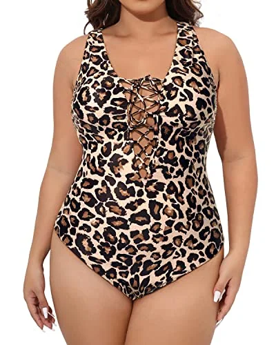Affordable - priced  Tummy Control Crochet Trim Plus Size One Piece Swimsuits For Women-Leopard